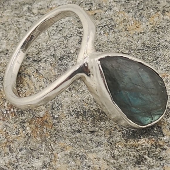 LABRADORITE TEAR DROP STONE ROSE-CUT HANDMADE STERLING SILVER RING SIZE 9 - Picture 11 of 16